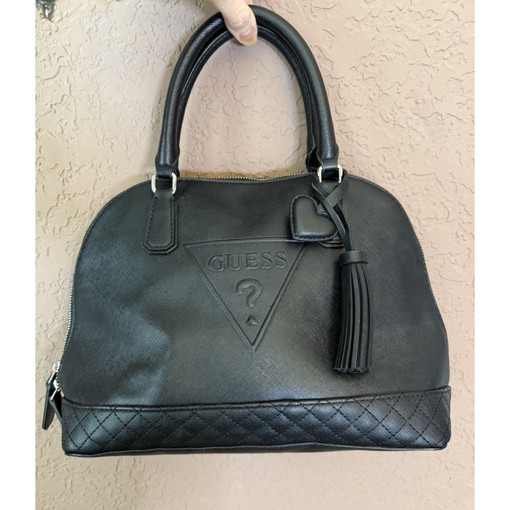 GUESS Baldwin Park Dome Satchel Handbag Black‎ Faux Leather W/ Purse Charm Y2K